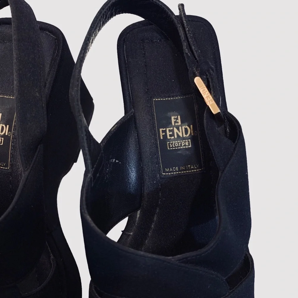 FENDI VINTAGE Y2K BLACK PLATFORM SANDALS WEDGE SLIP ON SHOE SANDAL